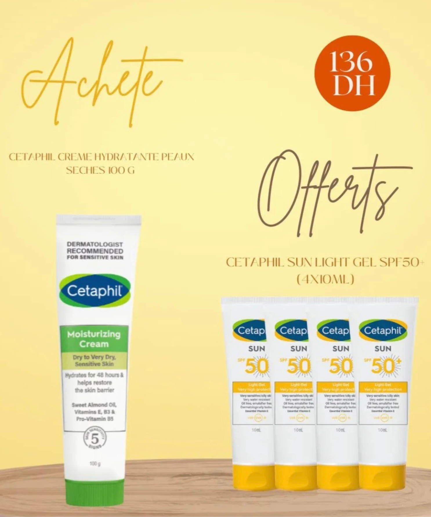 Cetaphil Crème Hydratante Peaux Sèches & Sensibles – 100g + 4 Ecrans Solaires spf50 Offerts CETAPHIL